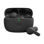 Black JBL Wave Beam TWS earbuds with charging case showing LED indicator light