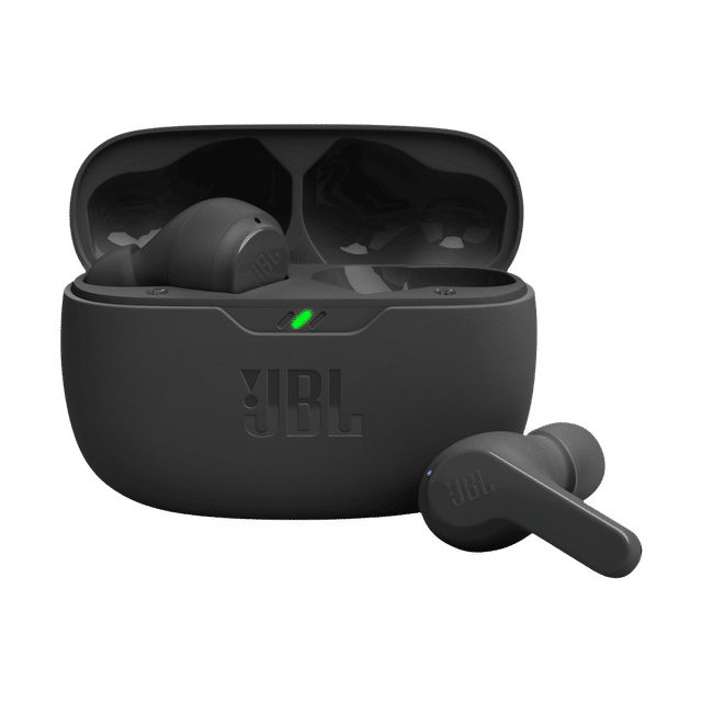 Black JBL Wave Beam TWS earbuds with charging case showing LED indicator light