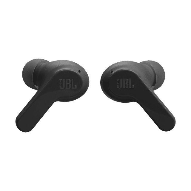 Black JBL Wave Beam TWS earbuds with ergonomic design and JBL logo on each bud