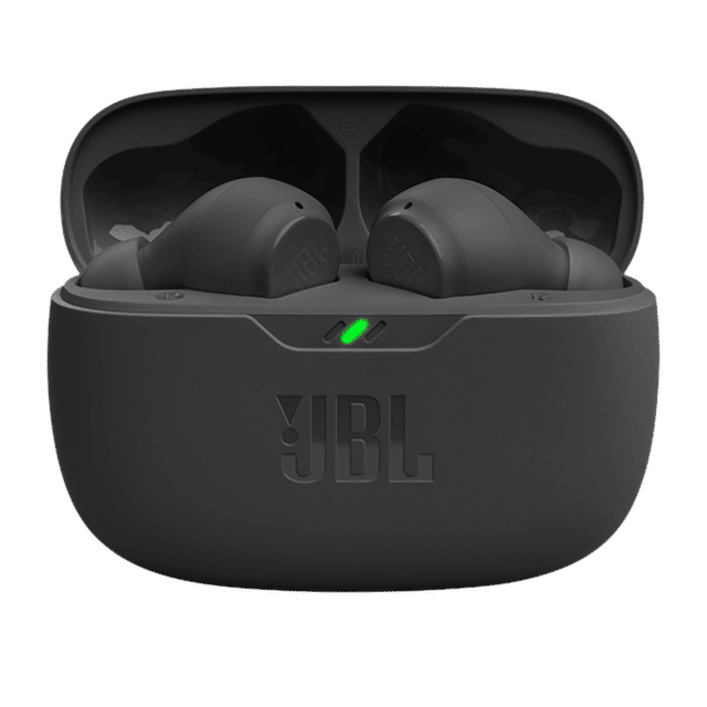 Black JBL Wave Beam TWS earbuds in open charging case with LED indicator light