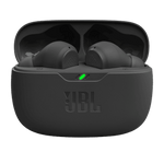 Black JBL Wave Beam TWS earbuds in open charging case with LED indicator light