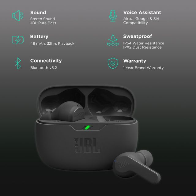 JBL Wave Beam TWS earbuds with charging case showing Bluetooth v5.2 connectivity and IP54 water resistance