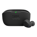 Black JBL Wave Buds wireless earbuds with charging case showing LED indicator light