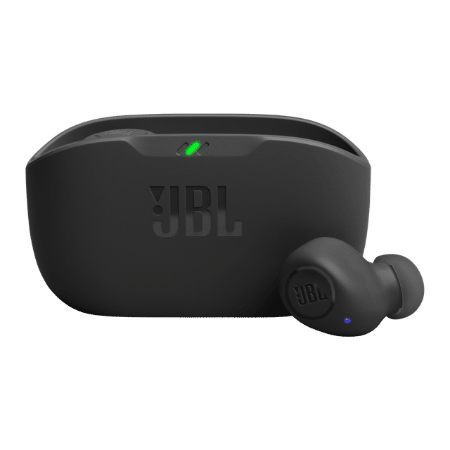 Black JBL Wave Buds wireless earbuds with charging case showing LED indicator light