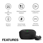 JBL Wave Buds wireless earbuds with charging case showing features like IP54 water resistance and 32 hours playtime
