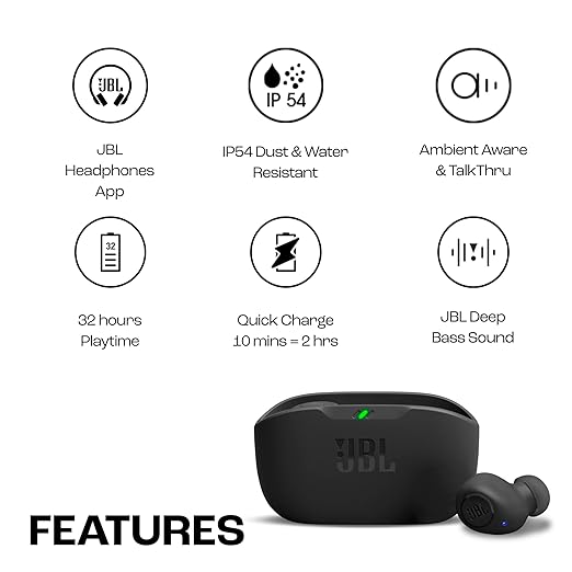 JBL Wave Buds wireless earbuds with charging case showing features like IP54 water resistance and 32 hours playtime