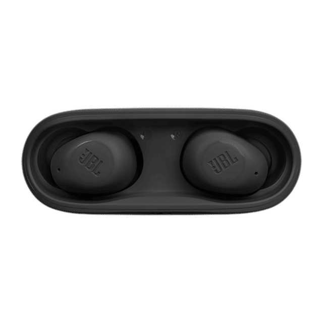 Black JBL Wave Buds wireless earbuds in charging case with JBL logo on earbuds