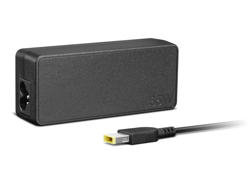 Lenovo 65W Slim Adapter black rectangular power adapter with yellow tip connector on black background