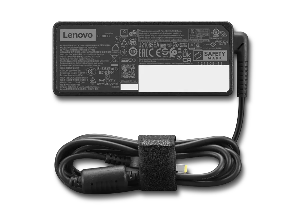 Lenovo 65W Slim Adapter with compact rectangular design and attached power cord neatly coiled