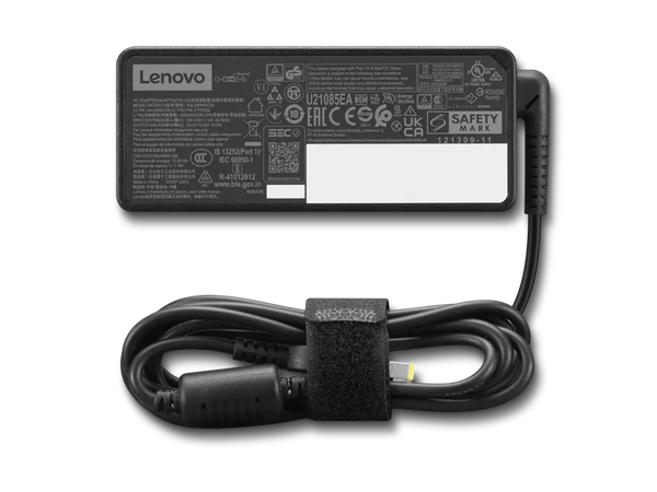 Lenovo 65W Slim Adapter with compact rectangular design and attached power cord neatly coiled