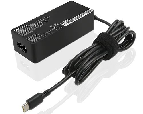 Lenovo 65W Type-C charger adapter with black rectangular design and attached cable neatly coiled