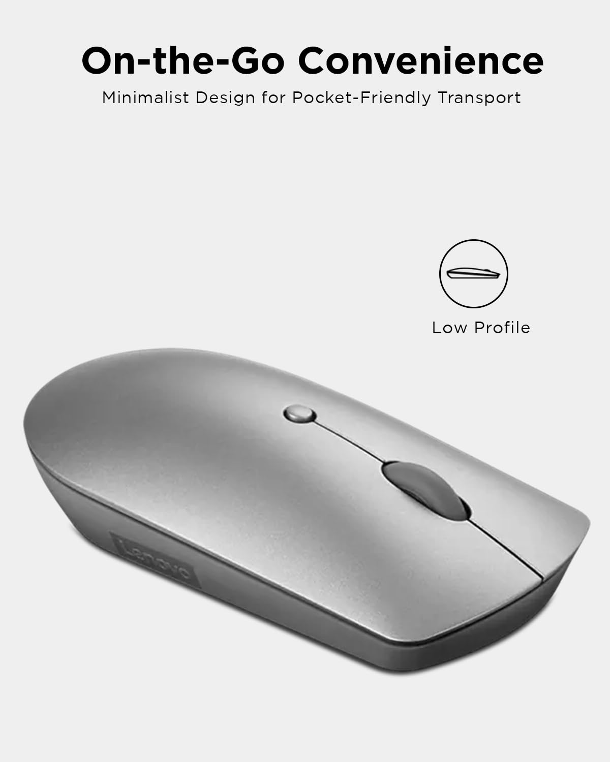 Lenovo Bluetooth mouse with minimalist low profile design for on-the-go convenience and pocket-friendly transport