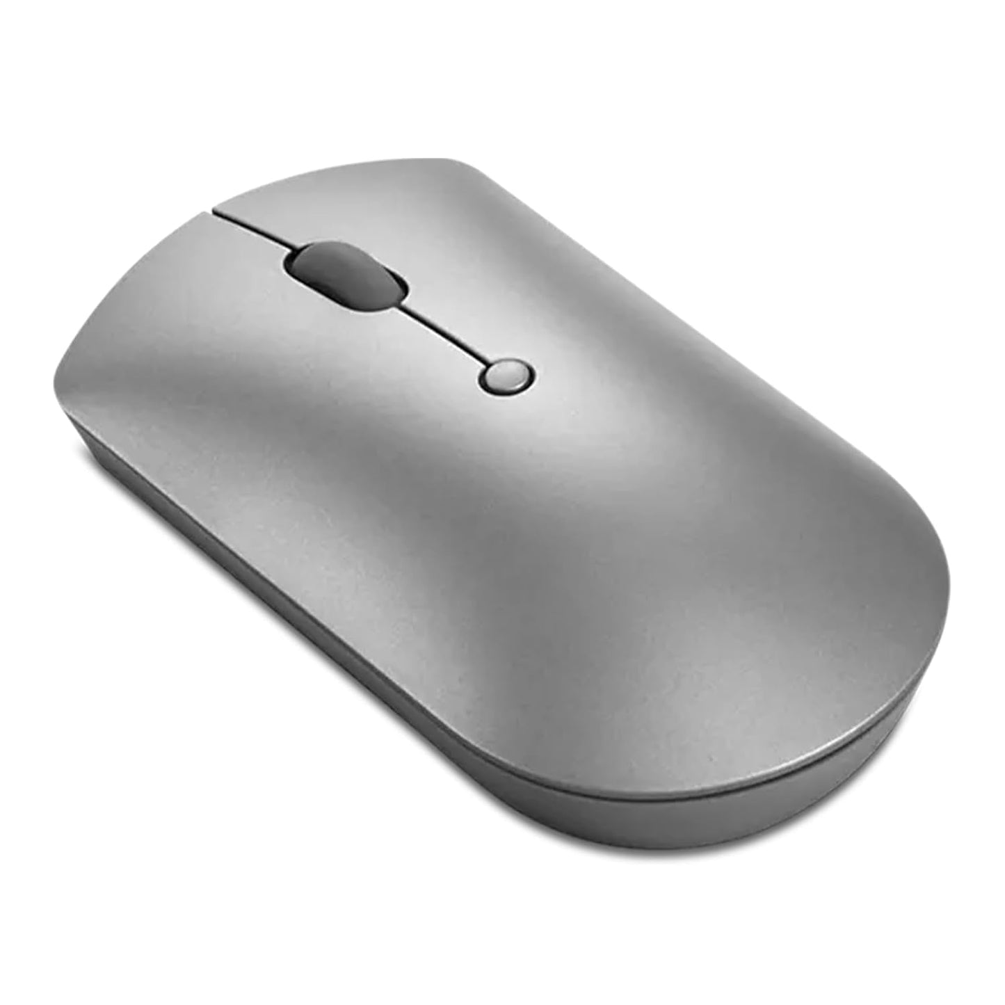 Silver Lenovo Bluetooth mouse with sleek design and scroll wheel for smooth navigation
