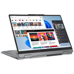 Lenovo Ideapad 5 2-in-1 laptop in tent mode with multiple app windows open on screen