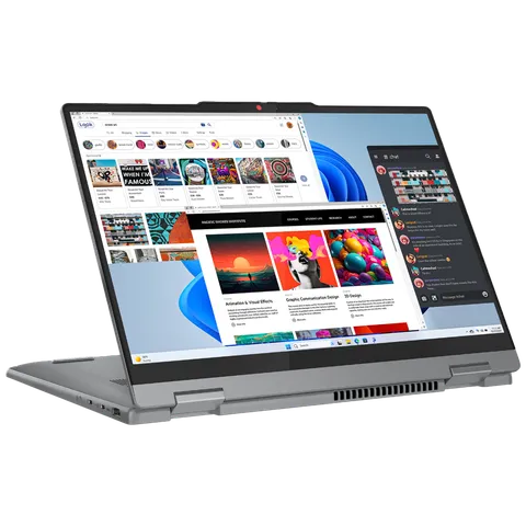 Lenovo Ideapad 5 2-in-1 laptop in tent mode with multiple app windows open on screen