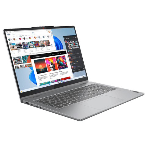 Lenovo Ideapad 5 2-in-1 laptop in silver with touchscreen display and multiple windows open