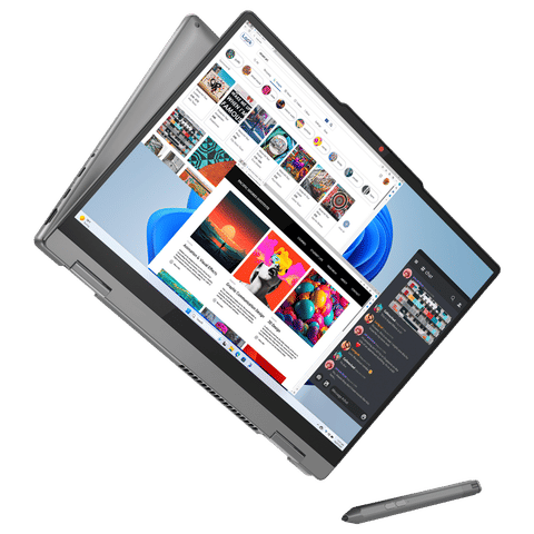 Lenovo Ideapad 5 2-in-1 laptop in tent mode with touchscreen and stylus pen on a black background