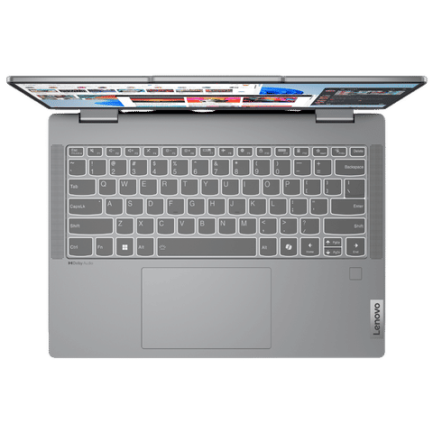 Top view of open Lenovo Ideapad 5 2-in-1 laptop showing keyboard and screen hinge in gray color