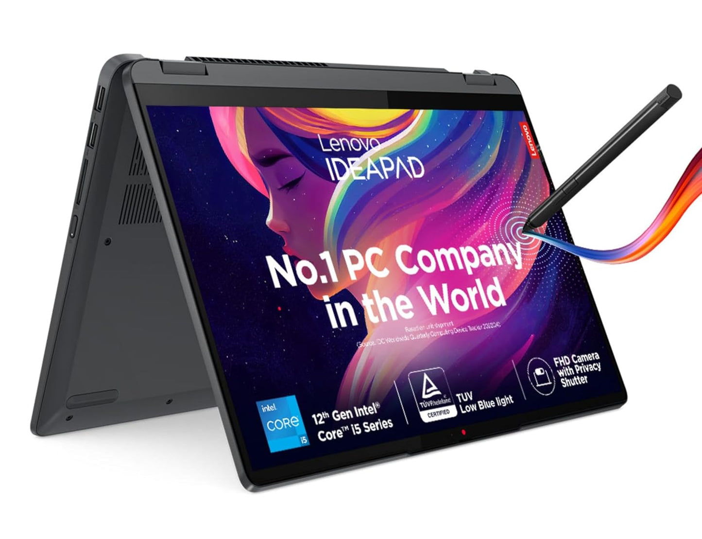 Lenovo IdeaPad Flex 5i laptop in tent mode with touchscreen and stylus pen for versatile use