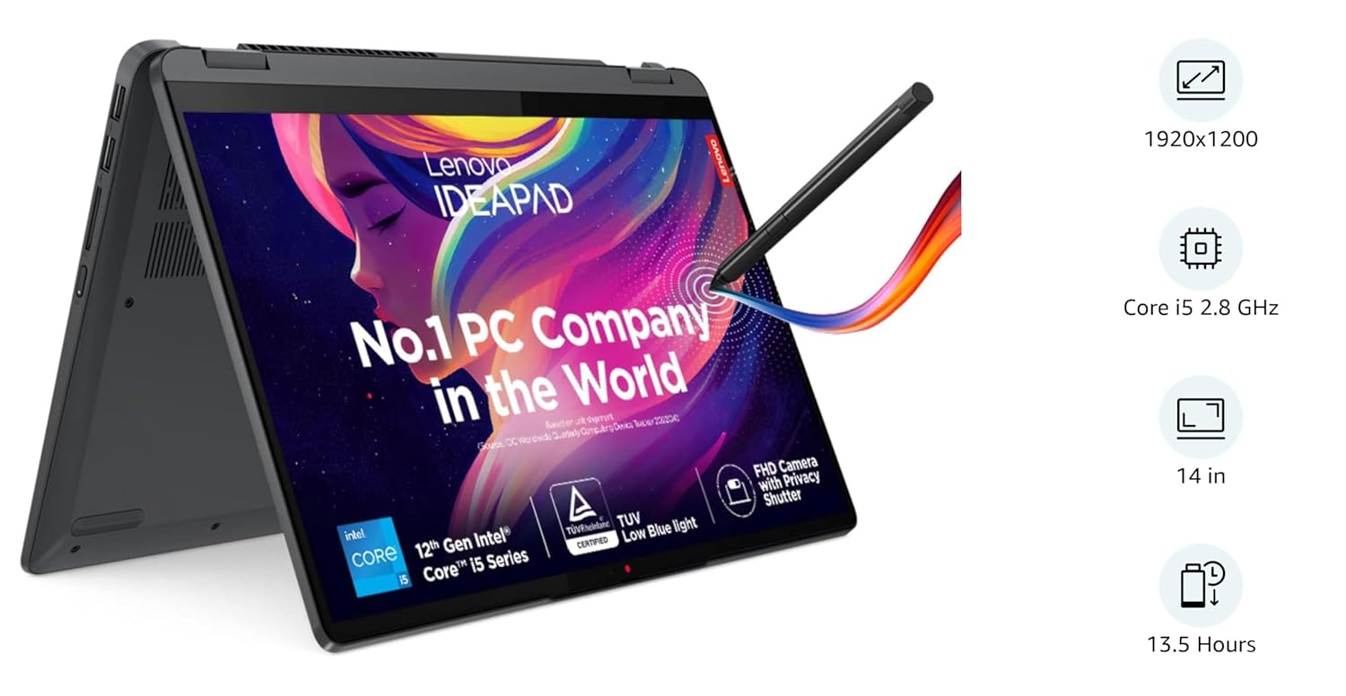 Lenovo IdeaPad Flex 5i 2-in-1 laptop with touchscreen and stylus in tent mode