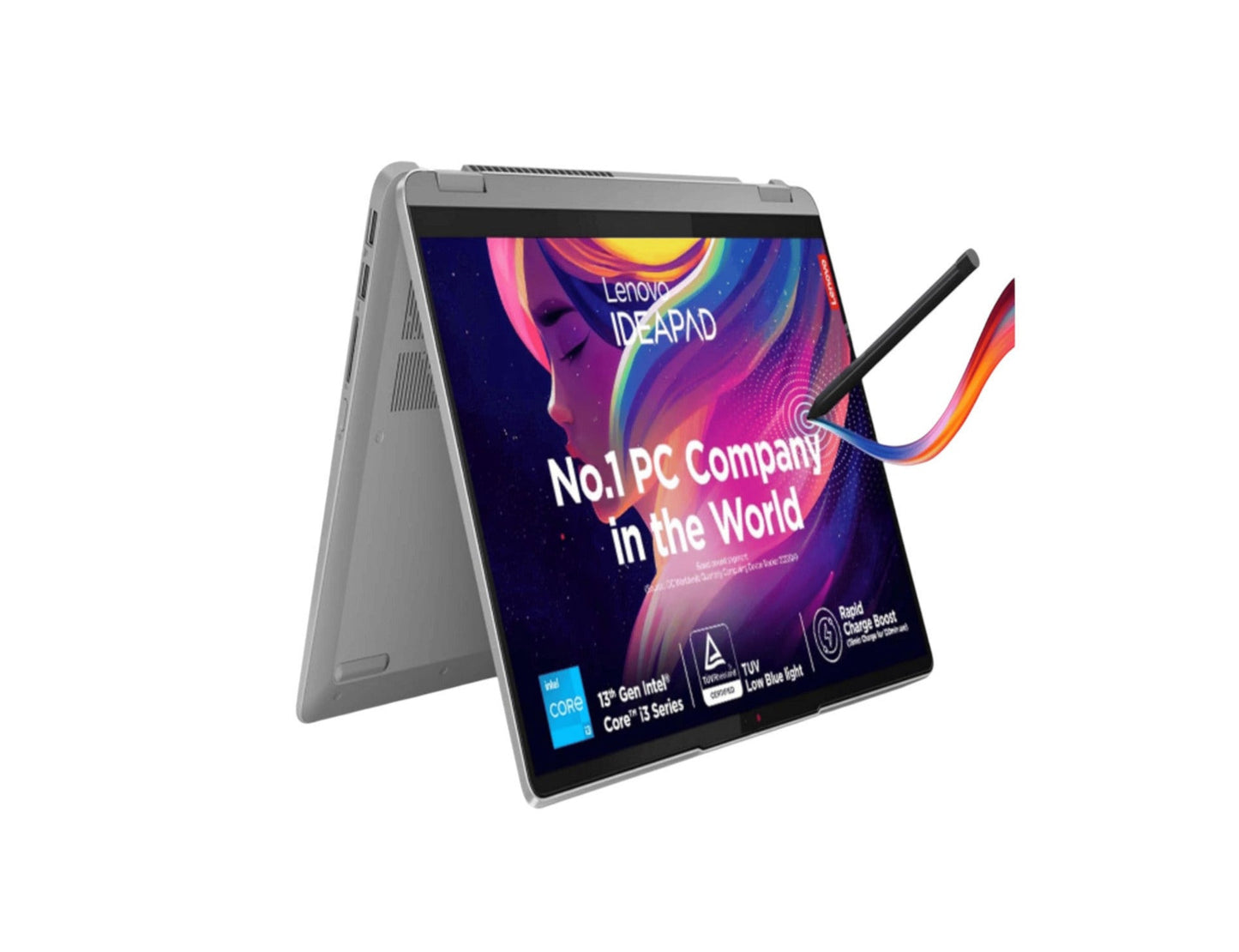 Lenovo IdeaPad Flex 5i 2-in-1 laptop in tent mode with touchscreen and stylus pen