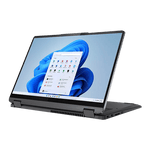 Lenovo IdeaPad Flex 5i convertible laptop in tent mode with Windows 11 display and sleek black design