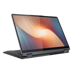Lenovo IdeaPad Flex 5i 2-in-1 laptop with touchscreen display in tent mode against black background