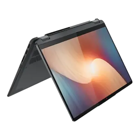 Lenovo IdeaPad Flex 5i laptop in tent mode showcasing a vibrant screen and flexible hinge design