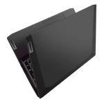 Top view of black Lenovo Ideapad Gaming 3 laptop partially open showing keyboard and lid