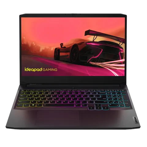 Lenovo Ideapad Gaming 3 laptop with colorful backlit keyboard and racing car on screen