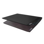 Partially closed Lenovo Ideapad Gaming 3 laptop showing keyboard with blue backlight and sleek black design