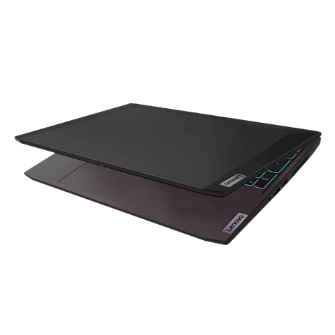 Partially closed Lenovo Ideapad Gaming 3 laptop showing keyboard with blue backlight and sleek black design