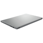 Closed silver Lenovo Ideapad Slim 1 laptop with sleek design and thin profile on black background
