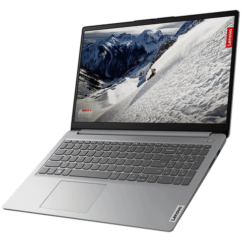 Lenovo Ideapad Slim 1 laptop with silver body and high-resolution screen showing snowy mountain scene