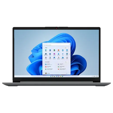 Front view of Lenovo Ideapad Slim 1 laptop displaying Windows 11 home screen with blue abstract wallpaper