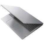 Sleek silver Lenovo Ideapad Slim 1 laptop partially open showing keyboard and touchpad