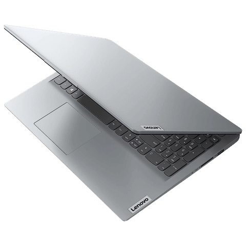 Sleek silver Lenovo Ideapad Slim 1 laptop partially open showing keyboard and touchpad