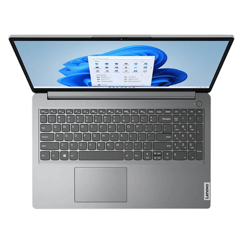 Top view of Lenovo Ideapad Slim 1 laptop with silver keyboard and Windows 11 display