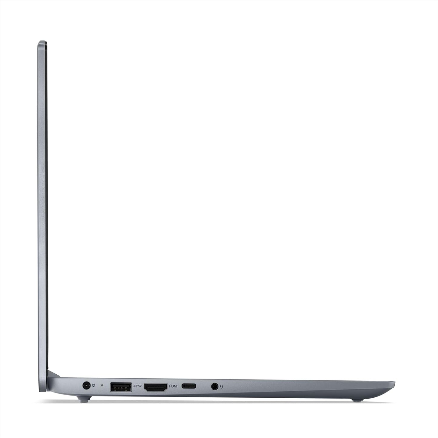 Side view of Lenovo Ideapad Slim 3 laptop showing thin profile and ports in silver color