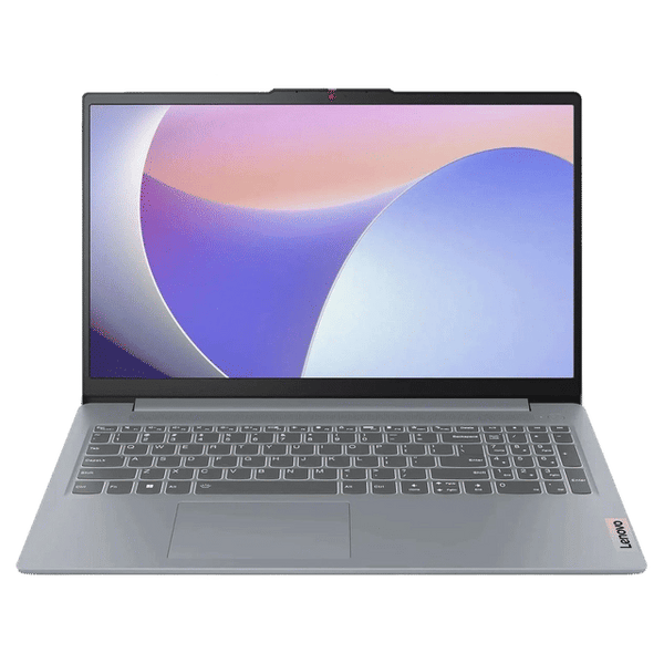 Lenovo Ideapad Slim 3 laptop with slim bezel display and full-size backlit keyboard in silver