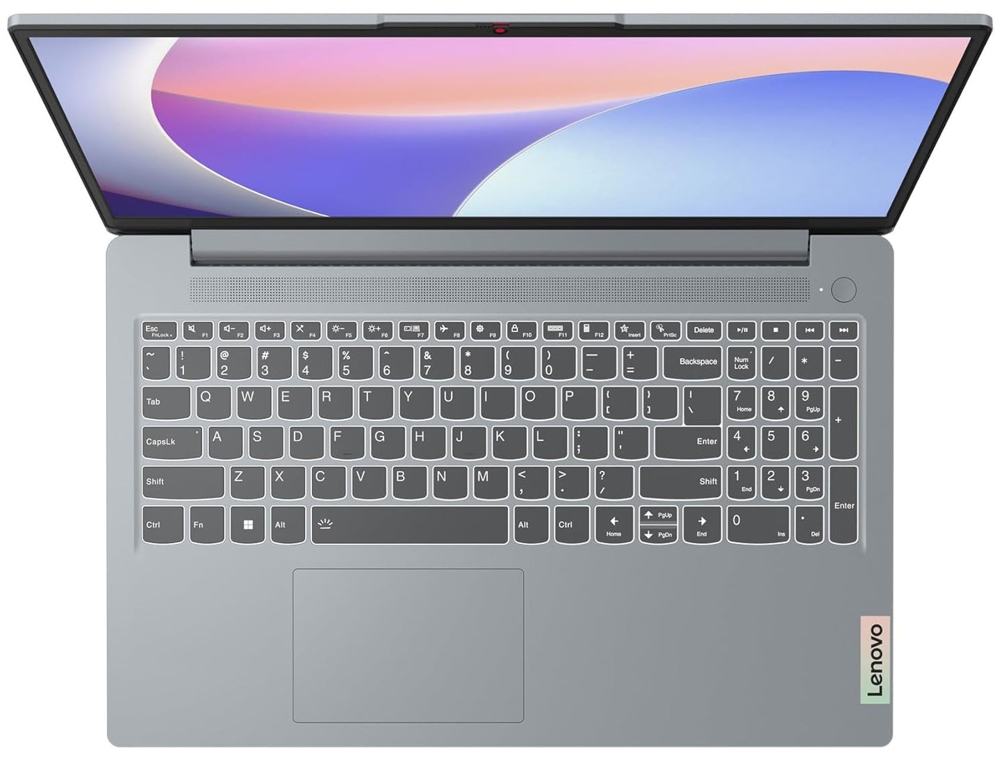Top view of Lenovo Ideapad Slim 3 laptop with gray keyboard and colorful screen display