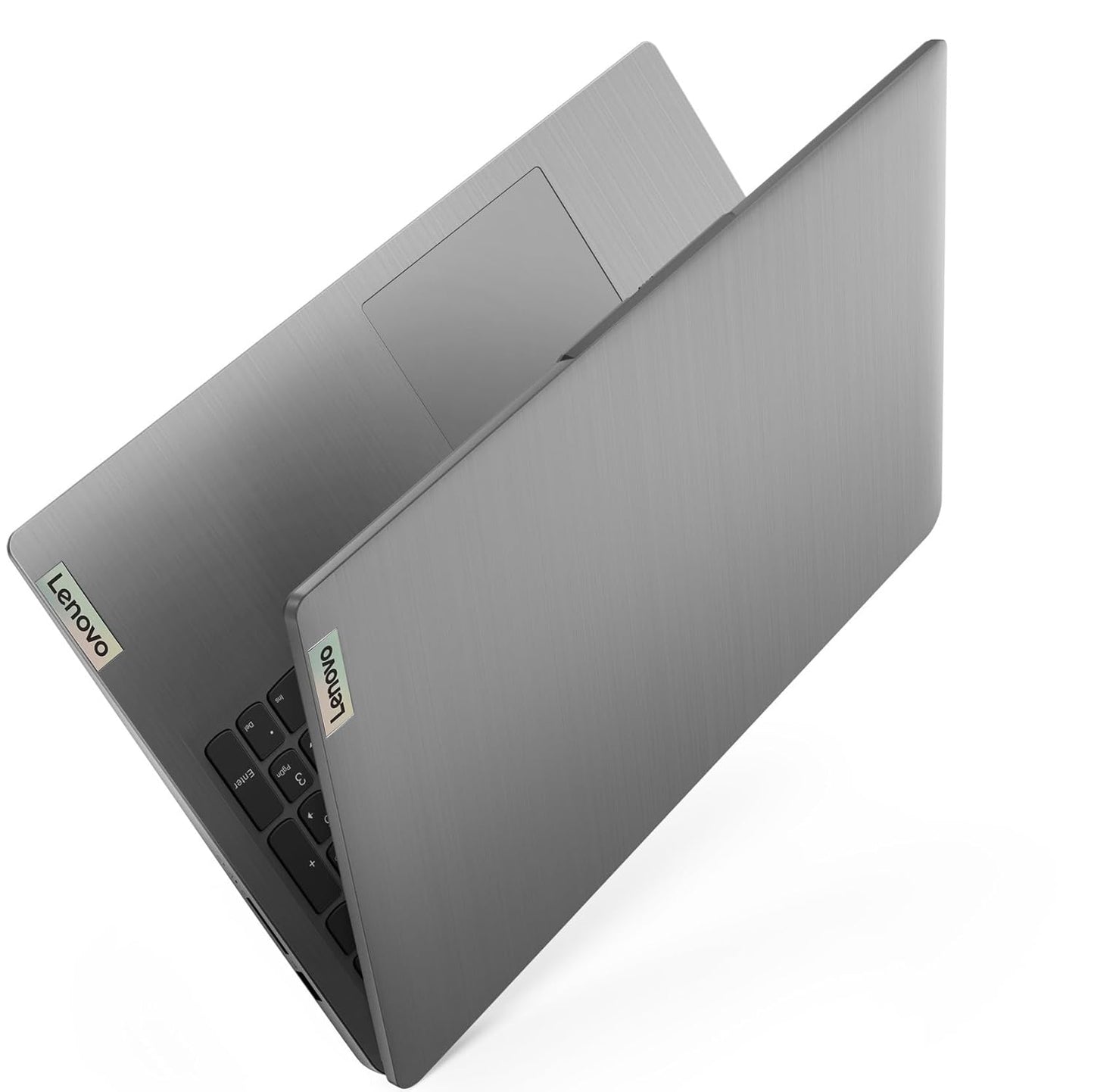 Sleek gray Lenovo Ideapad Slim 3i laptop partially open showing top cover and keyboard edge