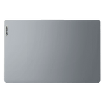 Top view of silver Lenovo Ideapad Slim 3i laptop with Lenovo logo on the lid
