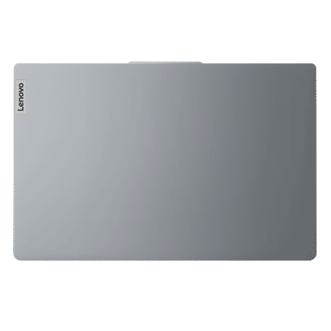Top view of silver Lenovo Ideapad Slim 3i laptop with Lenovo logo on the lid