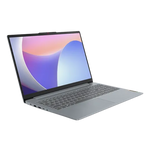 Lenovo Ideapad Slim 3i laptop open displaying vibrant screen with slim grey design and full keyboard