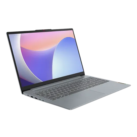 Lenovo Ideapad Slim 3i laptop open displaying vibrant screen with slim grey design and full keyboard