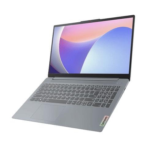 Lenovo Ideapad Slim 3i laptop open showing keyboard and colorful screen with slim design