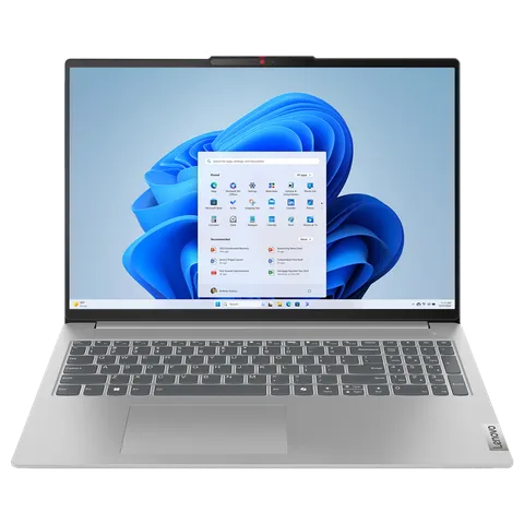 Lenovo Ideapad Slim 5i laptop with silver chassis showing Windows 11 home screen and full keyboard