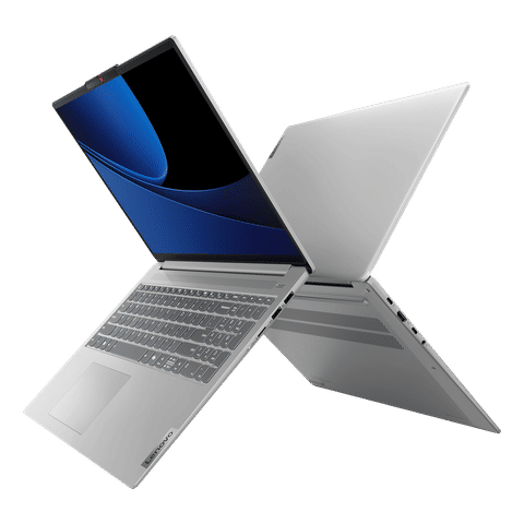 Sleek silver Lenovo Ideapad Slim 5i laptop open showing keyboard and screen with blue wallpaper