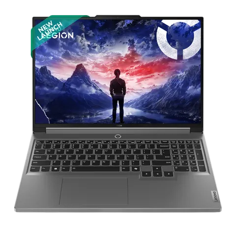 Open Lenovo Legion Slim 7i laptop with gaming wallpaper and full keyboard in dark gray